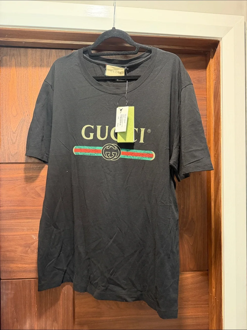 Gucci Black T-Shirt with Red & Green Stripe Logo